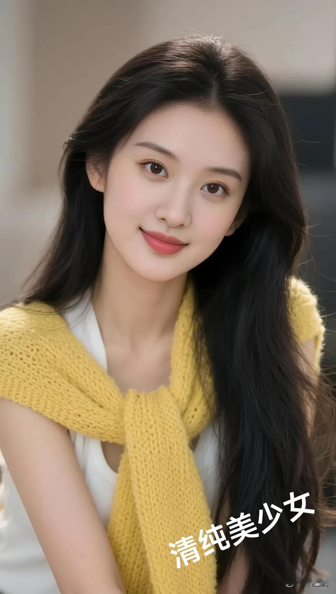 暖黄针织似春日暖阳，长发如墨轻垂，笑意清甜。她是时光里的清纯信使，把干净澄澈的美