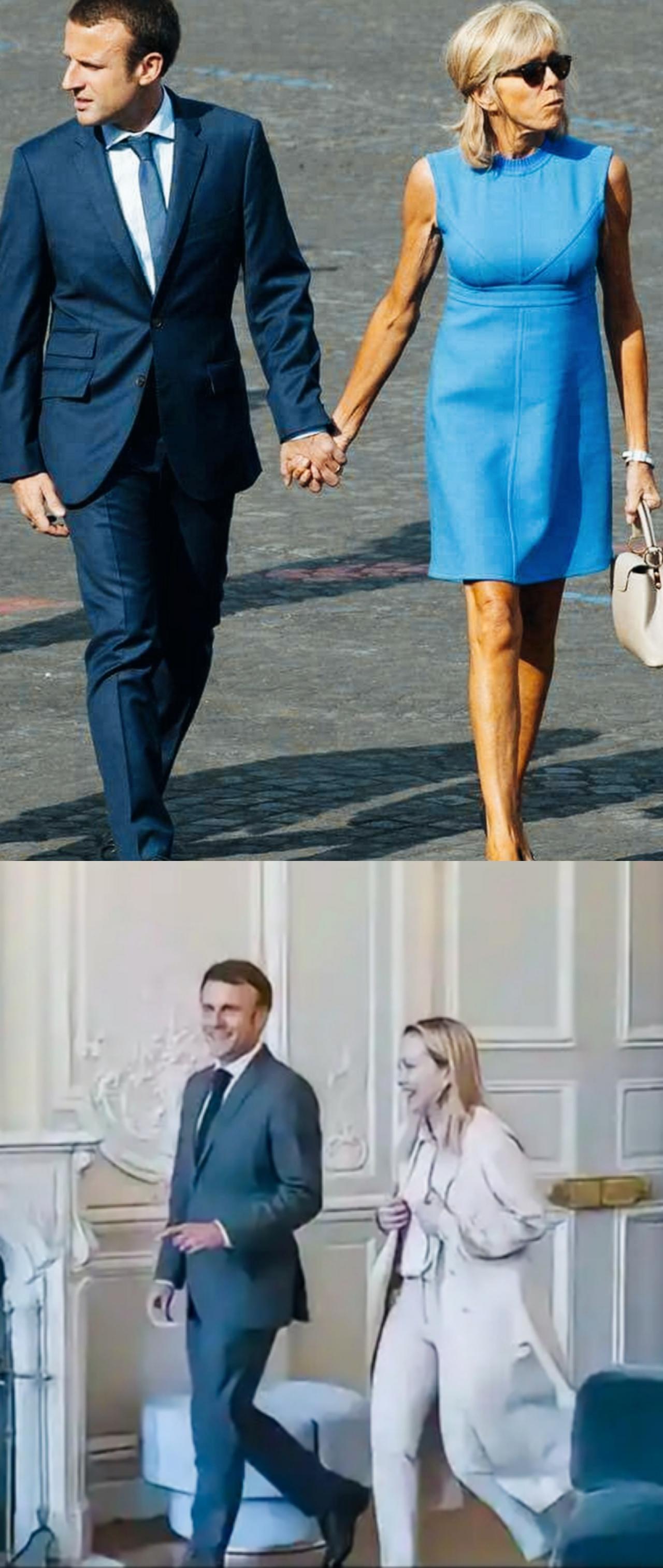 马克龙与梅洛尼和与布丽吉特同样走在一起，却是完全不同的面部表情啊！马克龙与梅洛