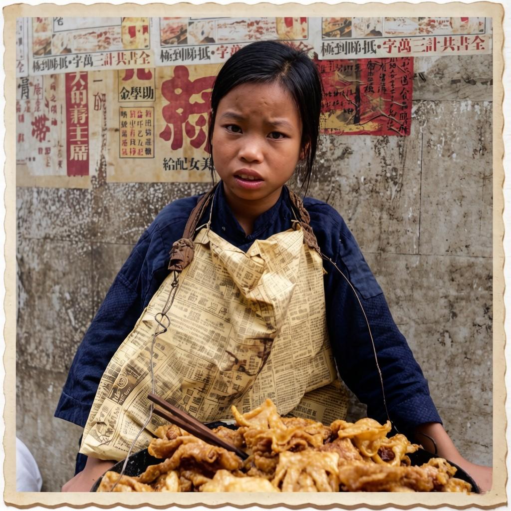 1946年，香港中央街道，一个正在卖油炸食品的女孩。因为家穷，胸前挂着用旧报纸做