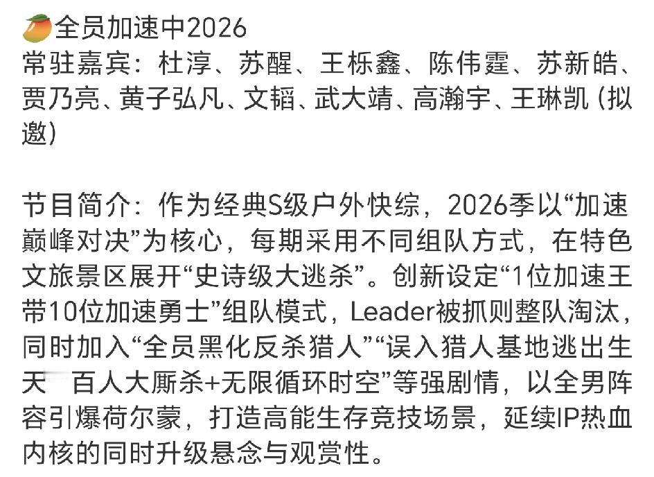 全员加速中2026拟邀阵容，苏醒还是常驻啊，这一次还加上了王栎鑫！芒果台是会选