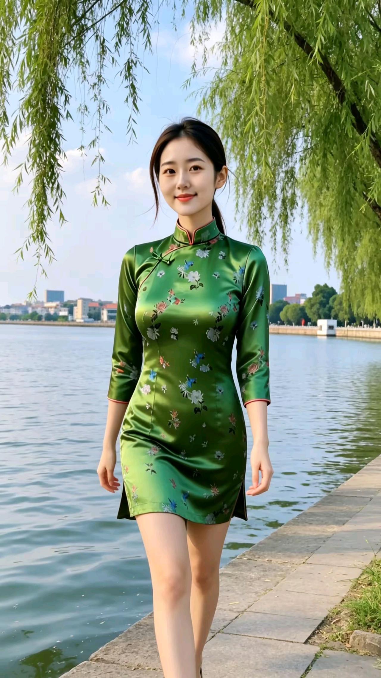 柳堤旗袍佳人垂柳丝绦映碧塘，和风拂面溢清香。绿衫绮绣芳华展，浅笑明眸气韵