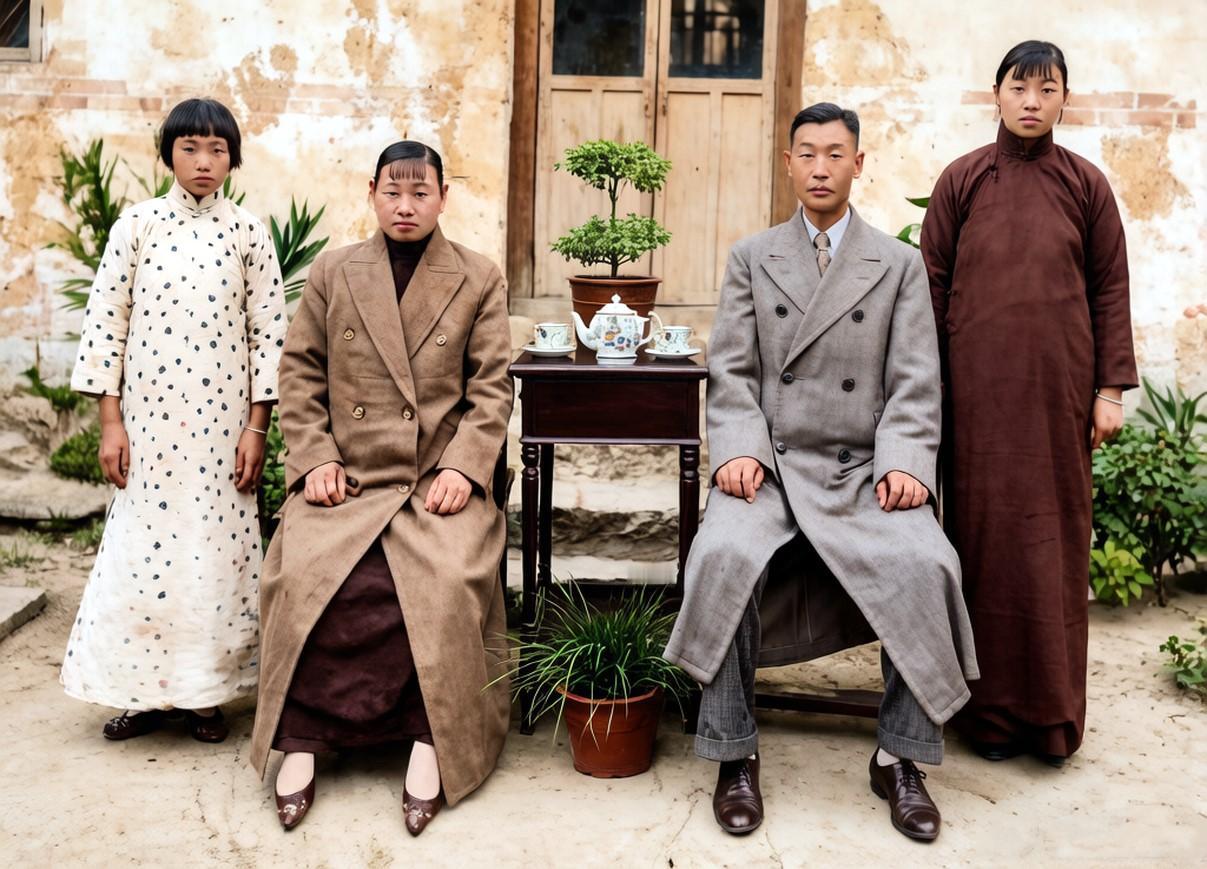 民国时期，开封的一户人家在门前合影。 男女主人正襟危坐，都留着那个年代最时髦