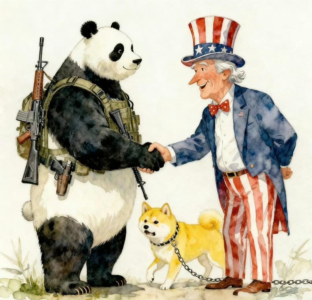 这漫画真是太传神了，简直是把中美日这阵子的关系“焊”在画面里了！你看背着全套装备