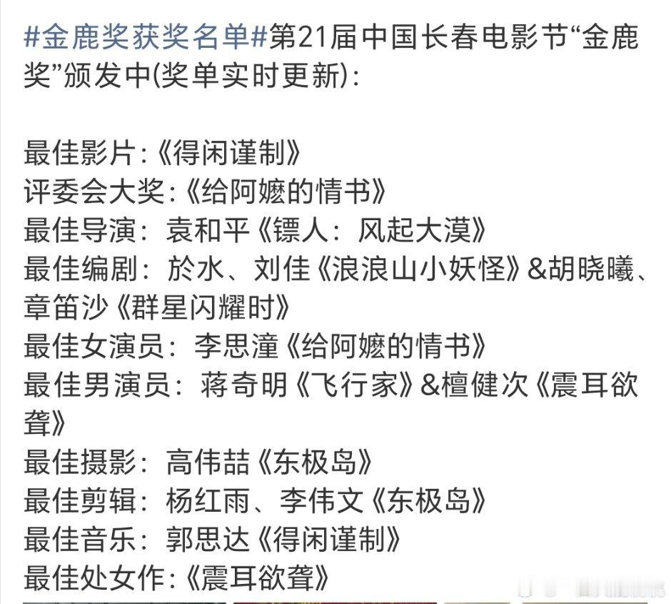 完整名单金鹿奖获奖名单​​​