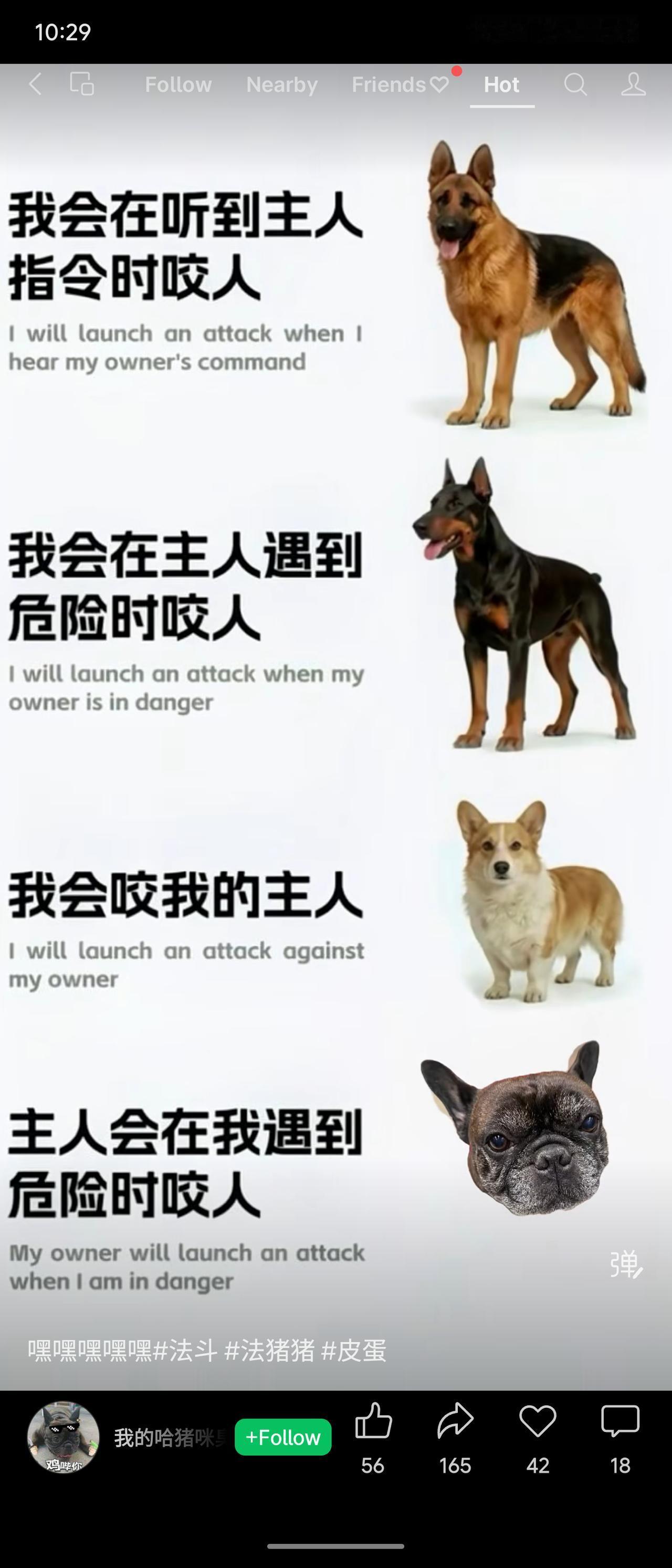 四句排比制造幽默反转：前三个情境是“我咬人”或“主人咬人”，最后一句“我会咬我的