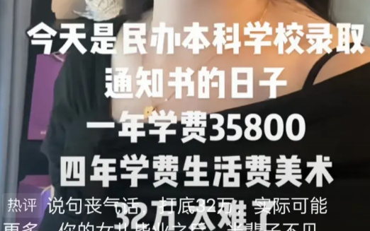 一个母亲因儿子分数不够，只好把儿子送到民办学校，看到了民办本科学校录取通知书学费