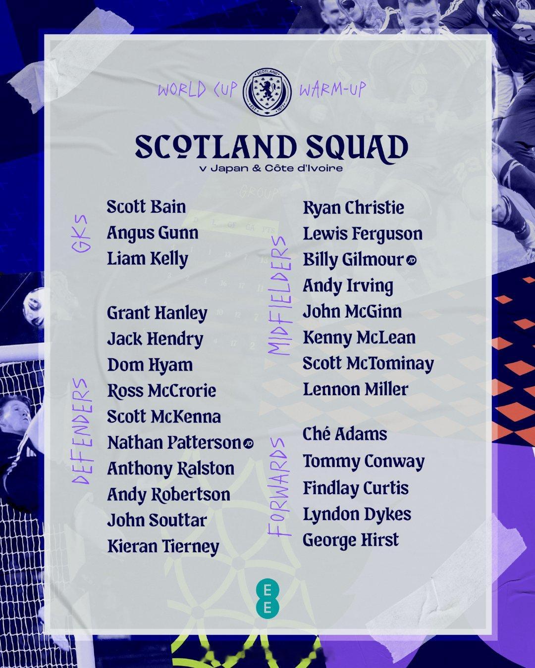 【苏格兰最新大名单】为了备战对阵日本和科特迪瓦的世界杯前热身赛，苏格兰主帅斯蒂夫