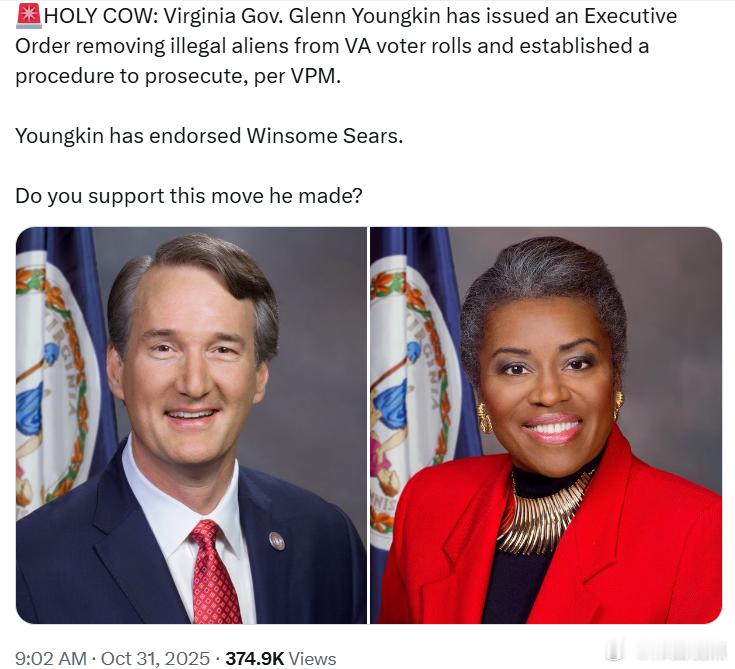 弗吉尼亚州州长格伦·杨金发布了一项行政命令，将非法移民从弗吉尼亚州选民名册中移除