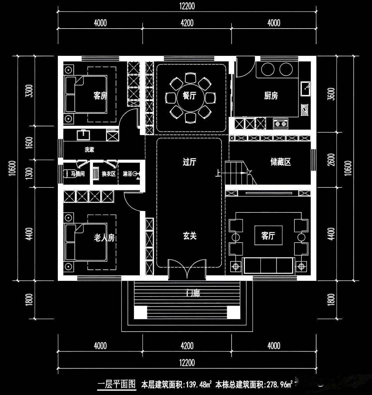 占地12.2米X10.5米，二层自建房户型布局。6房4厅2卫。一层3.6米，