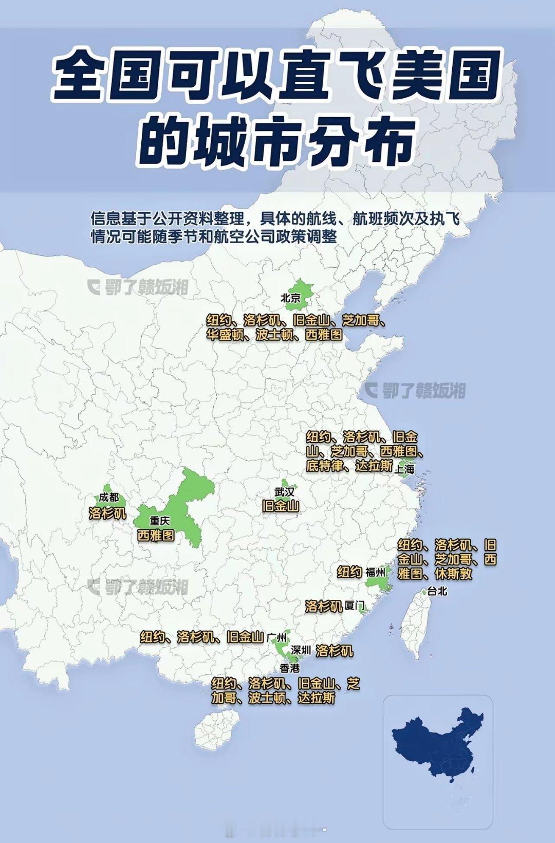 全国可直飞美国的城市。