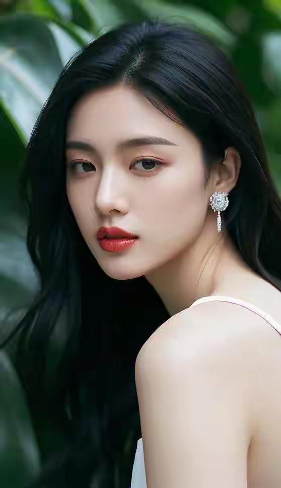 优雅黑发，红唇轻启，耳畔闪耀，自然绿意中绽放迷人魅力🍀❤️🌸🌴