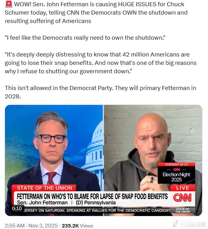 参议员约翰·费特曼在接受CNN采访时表示，政府关门及其导致的美国民众受苦，都是民