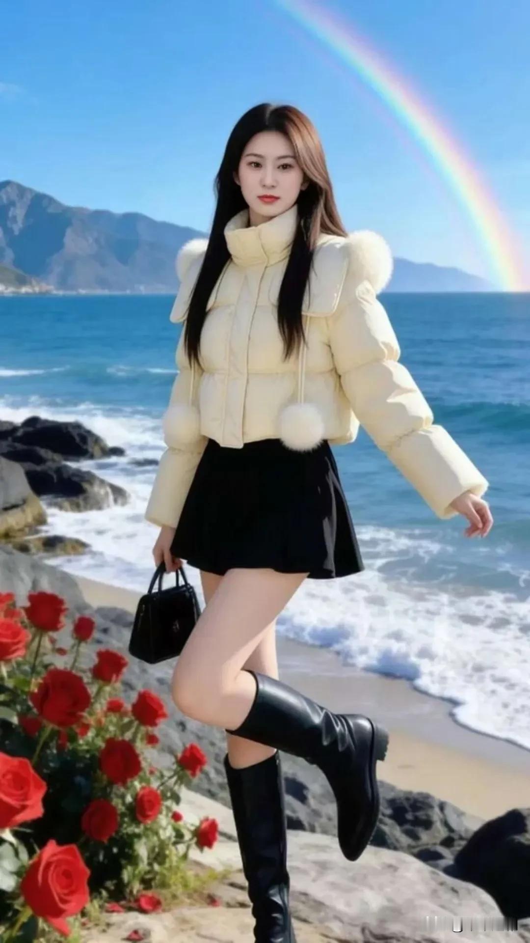 海风吹皱蓝浪，彩虹斜倚远山，暖黄蓬松裹着裙角的风，红玫瑰是沙滩上没说出口的甜。