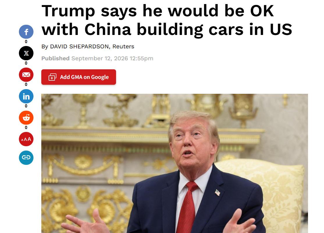 特朗普这话有点意思。他最新表示，如果中国车企愿意来美国建厂、雇用美国工人，他对此