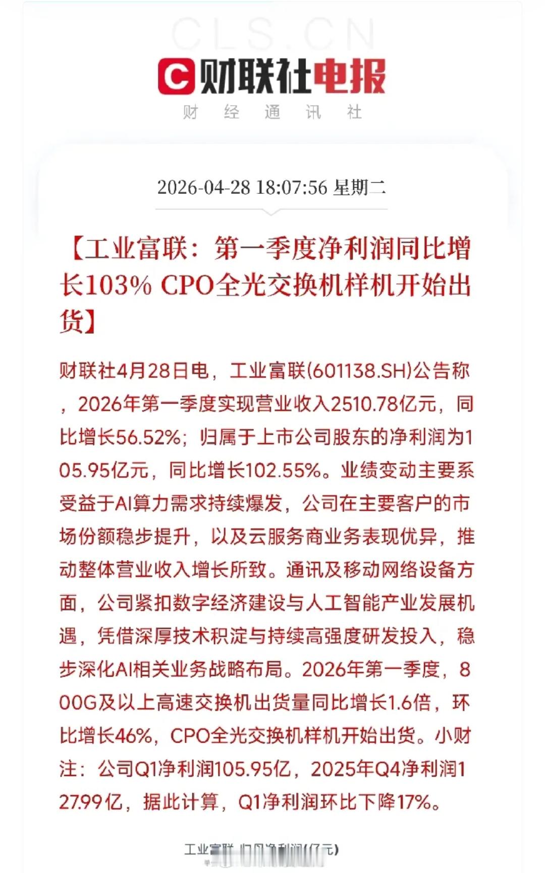 工业富联一季报：净利105亿，但真正的杀手锏藏在公告最后一句今天盘后，工业富联交