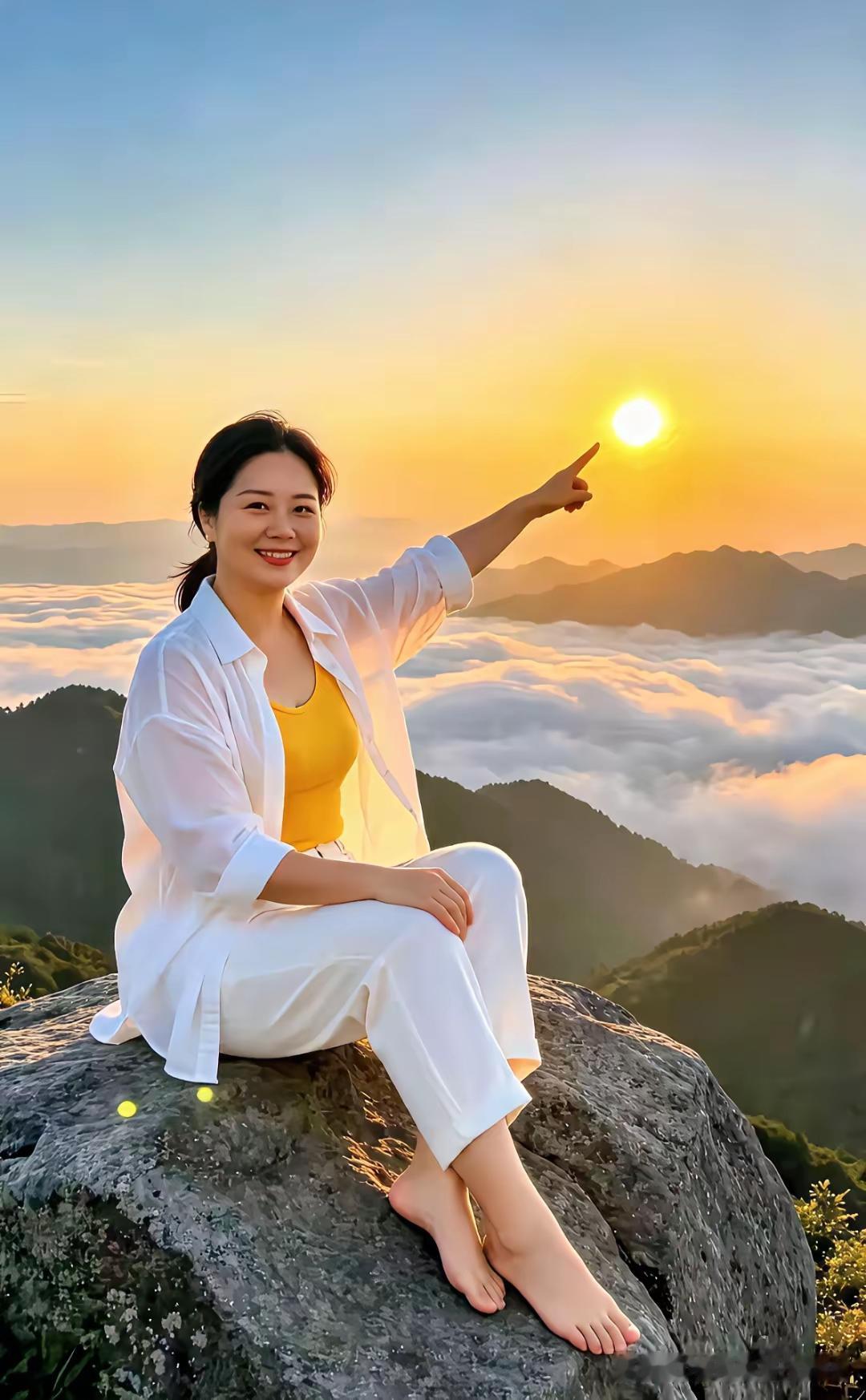 霞光洒满天，祥瑞兆人间。美女游盛地，赤足坐岭颠。