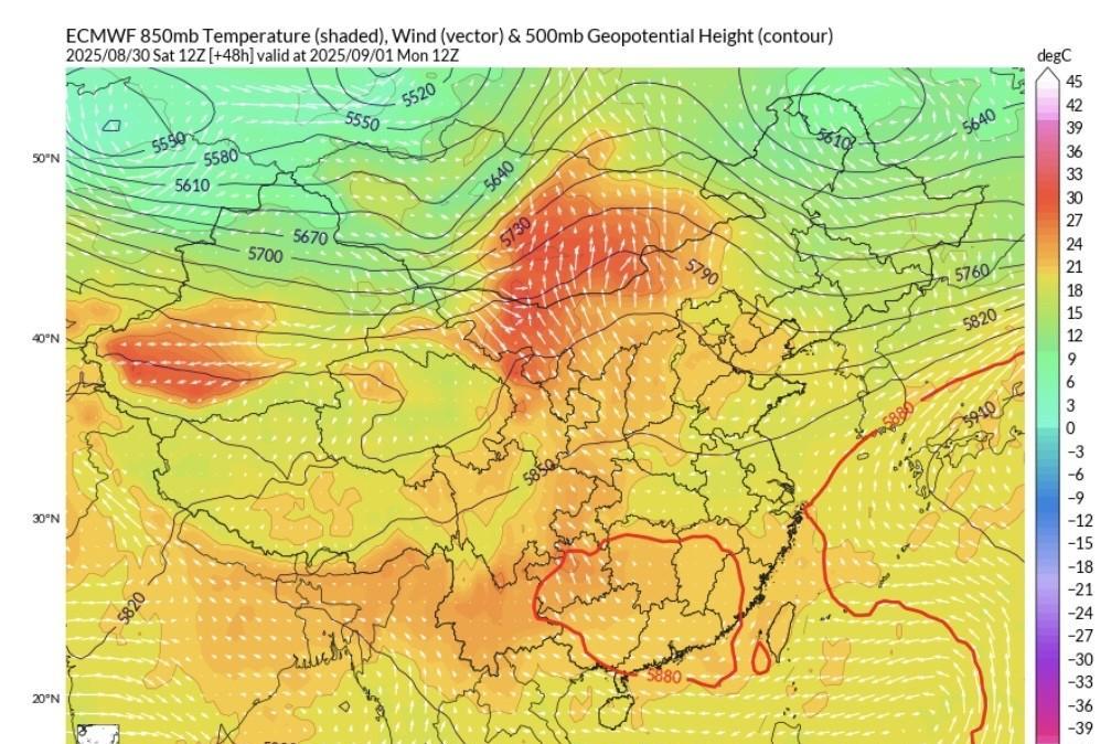 【9月上旬天气展望】最新报来看未来十天，副高环流位势较常年偏高。脊线偏北。影响