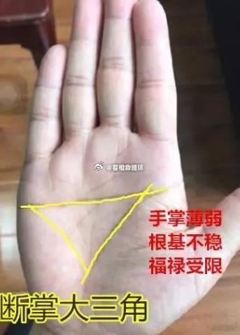 断掌，掌心有大三角，说明自己的运势是非常好的，而且是很少见的好手相，注定不会是穷