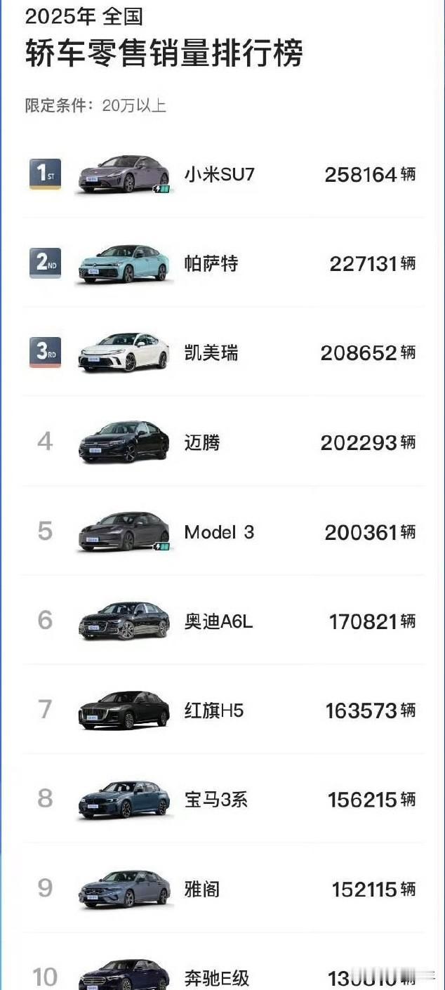 2025全国轿车零售排行榜（20万以上）