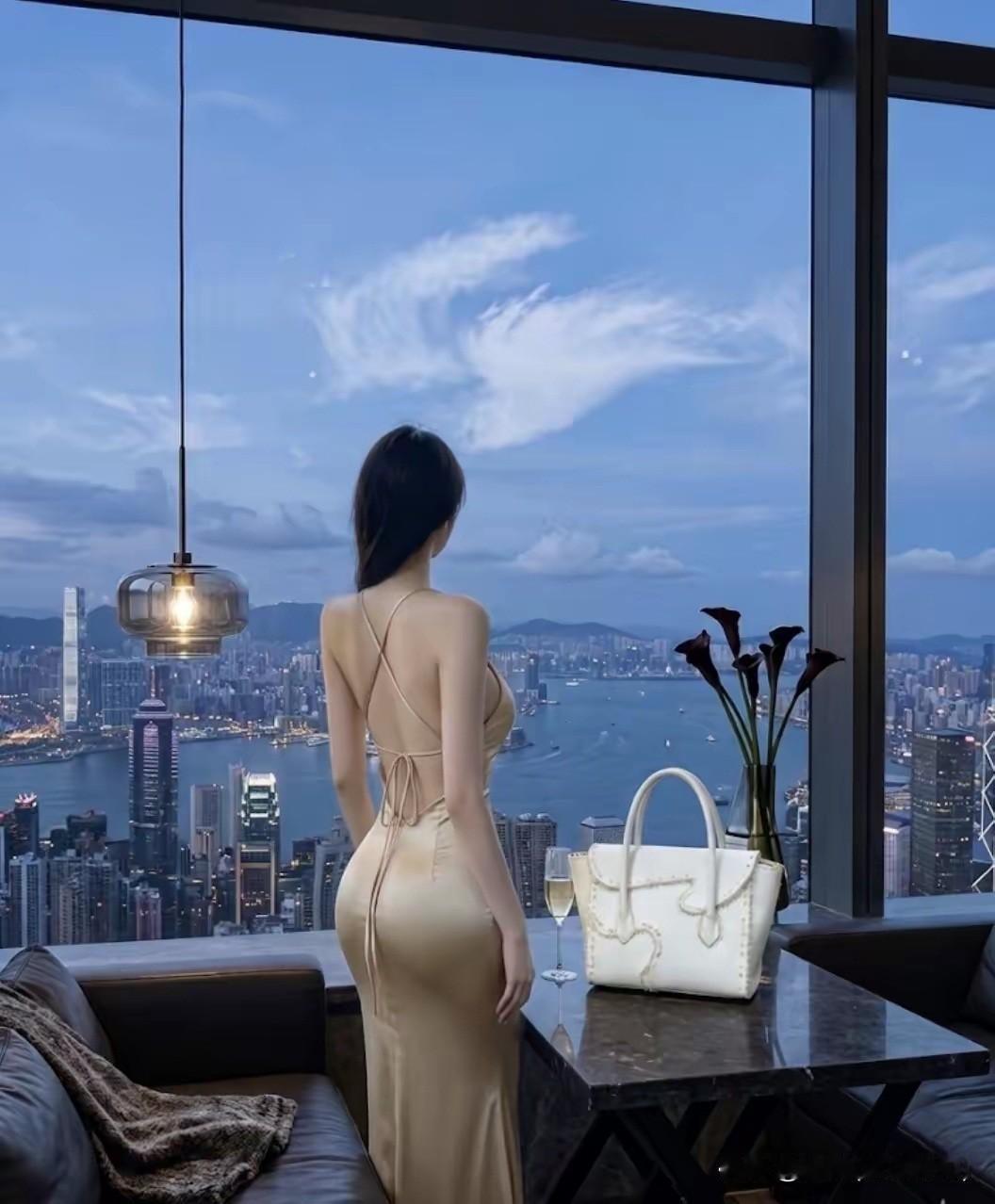 凭高凝暮文/刚柔高楼极览，港阔天低。暮色漫染城廓，佳人背立凭窗。繁华铺于