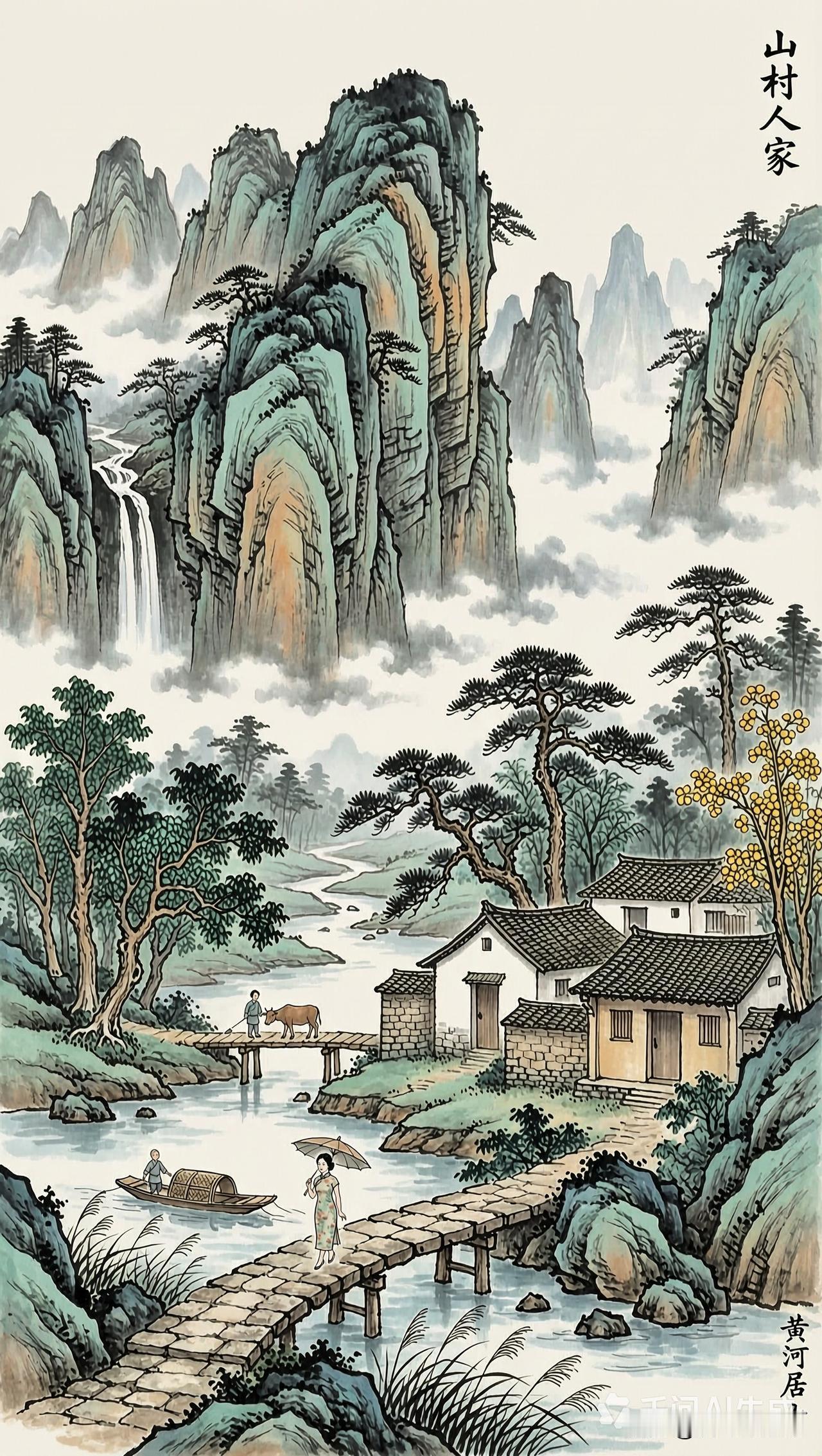 水墨画写意画《山村人家》水墨风格山水画国画山水风光