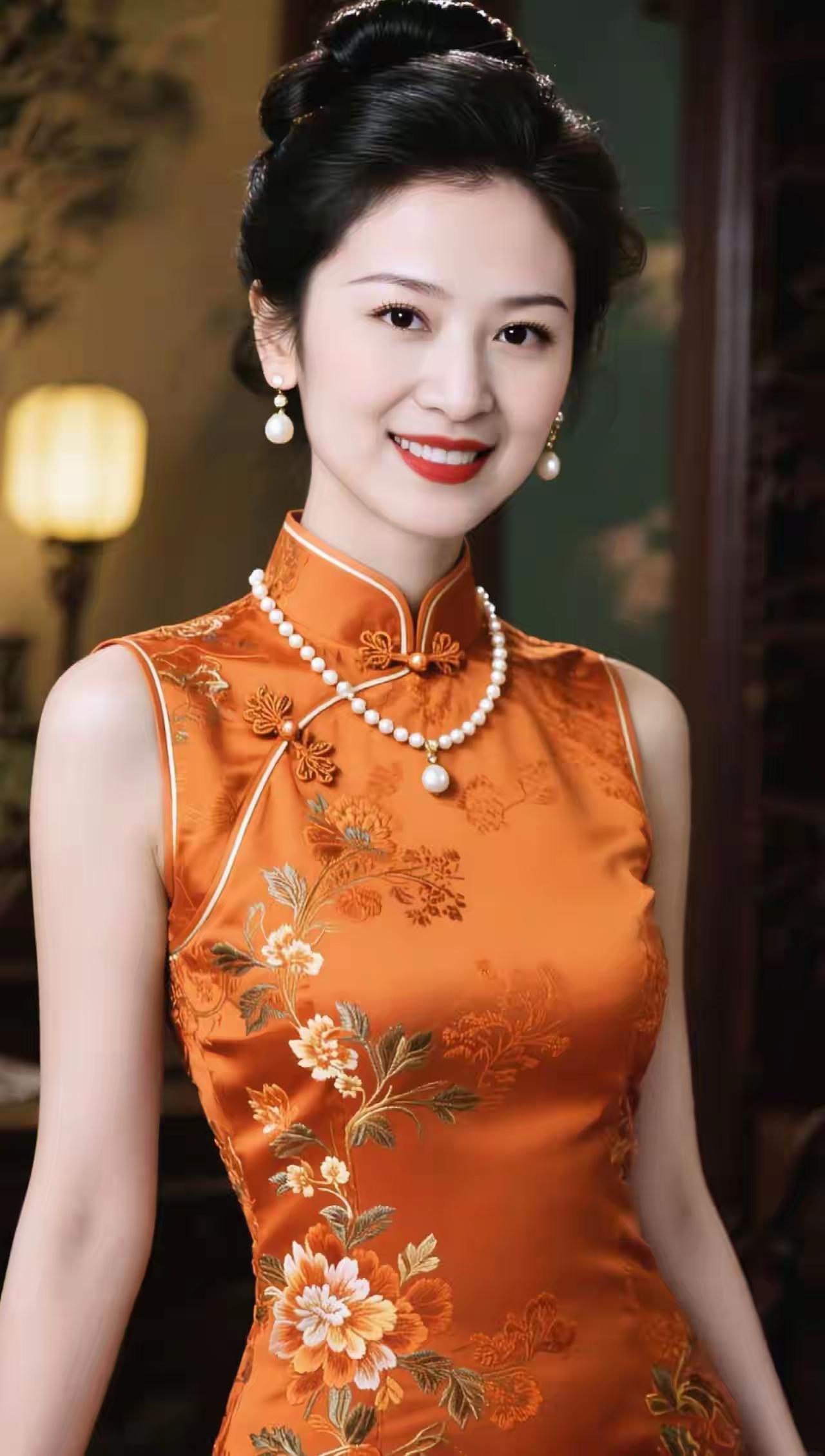 漂亮旗袍，笑容甜美。
