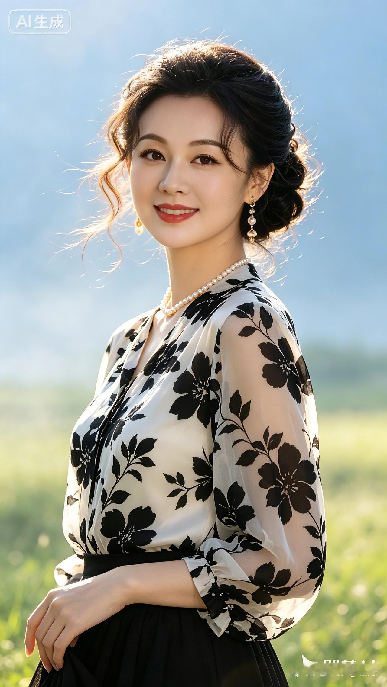 原野清风拂面漾，盘发温婉笑意扬。珍珠项链衬雅态，耳坠闪闪泛柔光。花衫轻薄