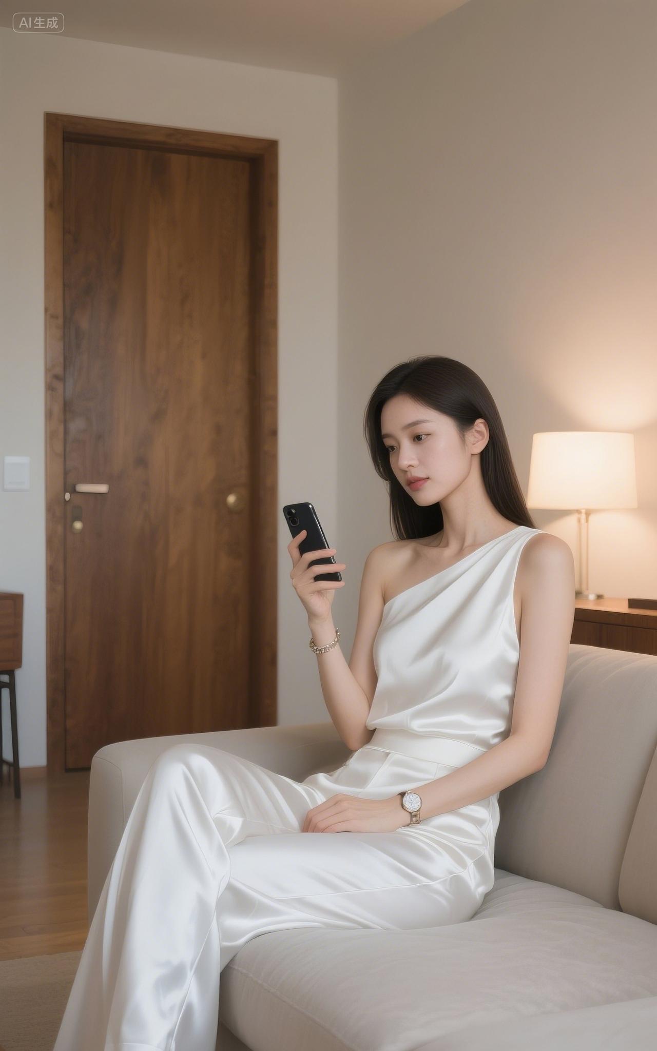 优雅白裙，静享时光，手机相伴，生活惬意。