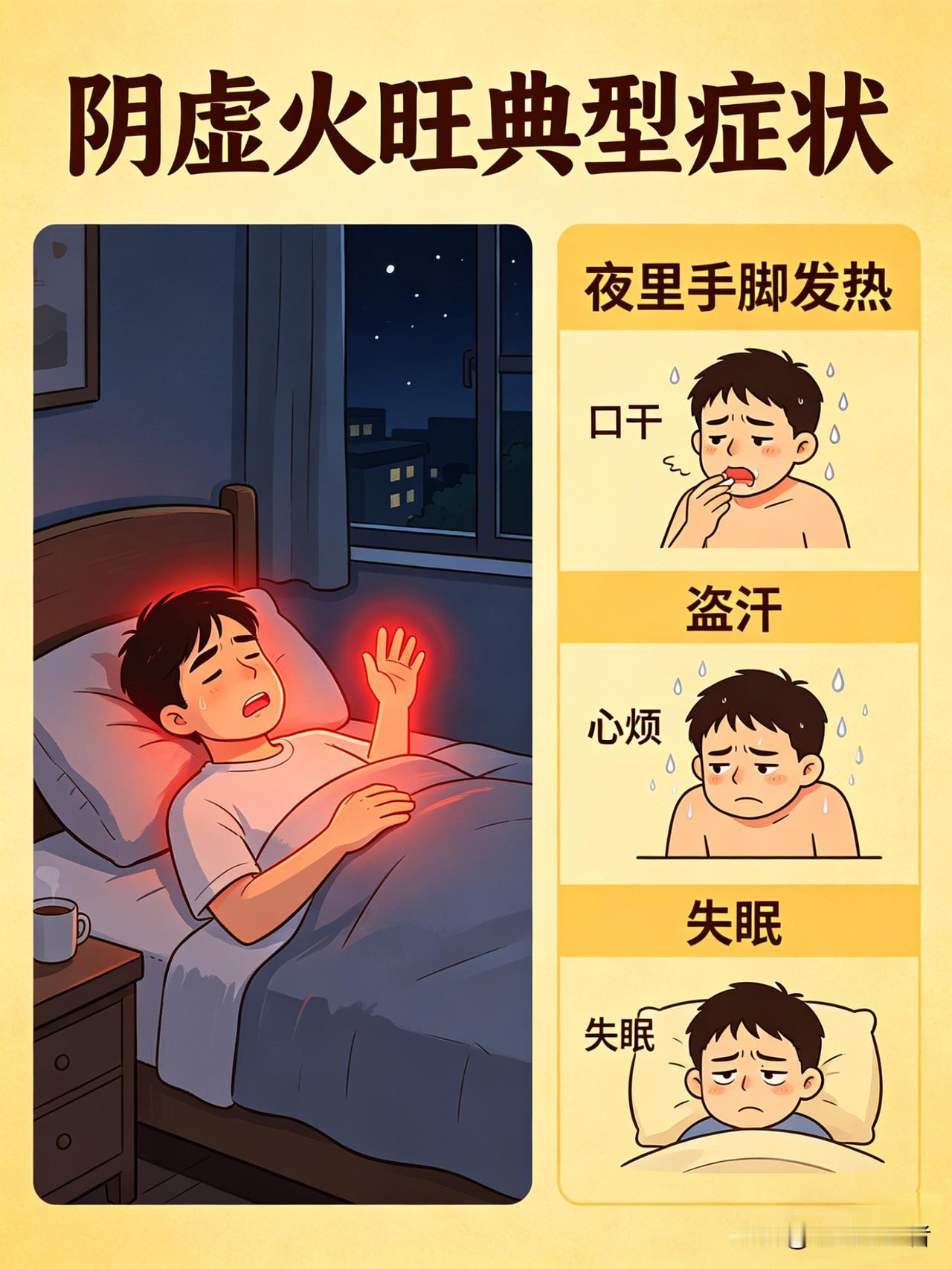 手心发热难入眠，滋阴可按三阴交夜间手脚发热、口干且盗汗、心烦又失眠，此乃阴虚