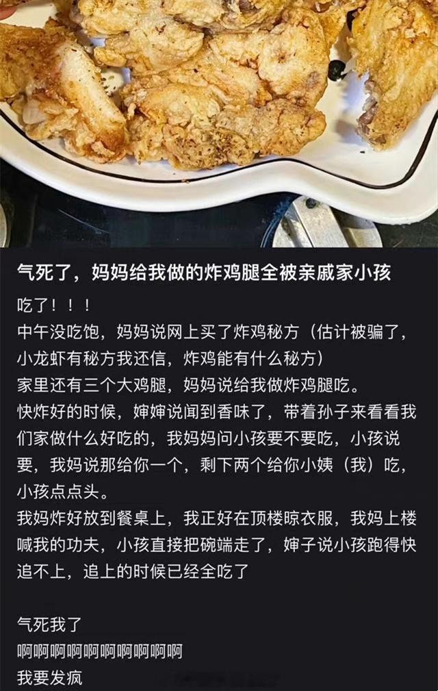 妈妈给我做的炸鸡腿全被亲戚家小孩吃了