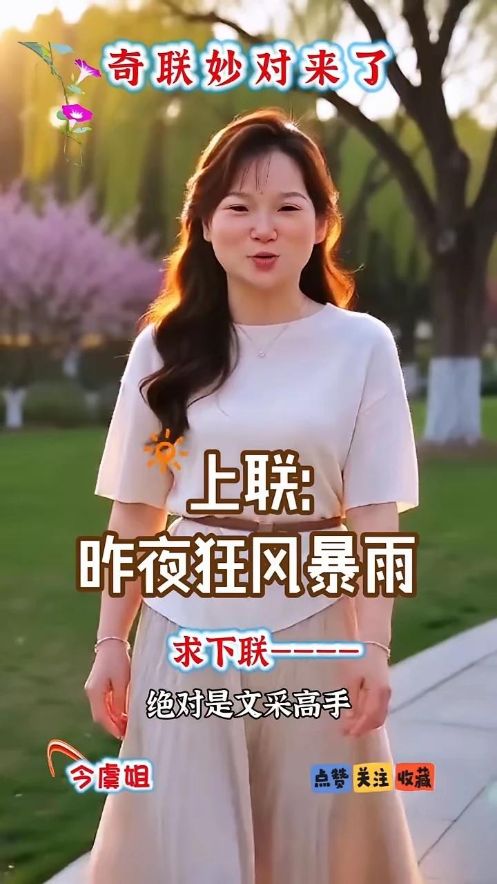 这个对联有点难，你要是能对出来绝对是文才高手。上联是：昨夜狂风暴雨。下联应该怎么