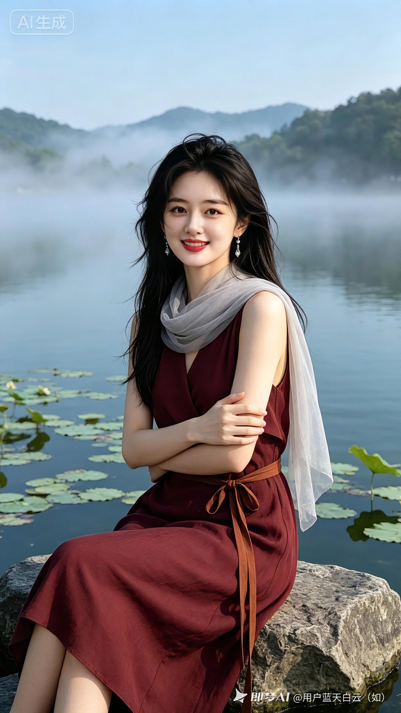 打油诗薄雾青山映碧塘，荷浮水面漾清香。红裙佳人石上坐，浅笑柔婉韵味长😊