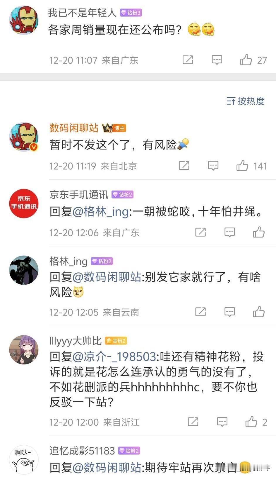数码闲聊站不会发手机周销量了[笑着哭]因为怕被再次禁言，之前各家旗舰机销量都是正常