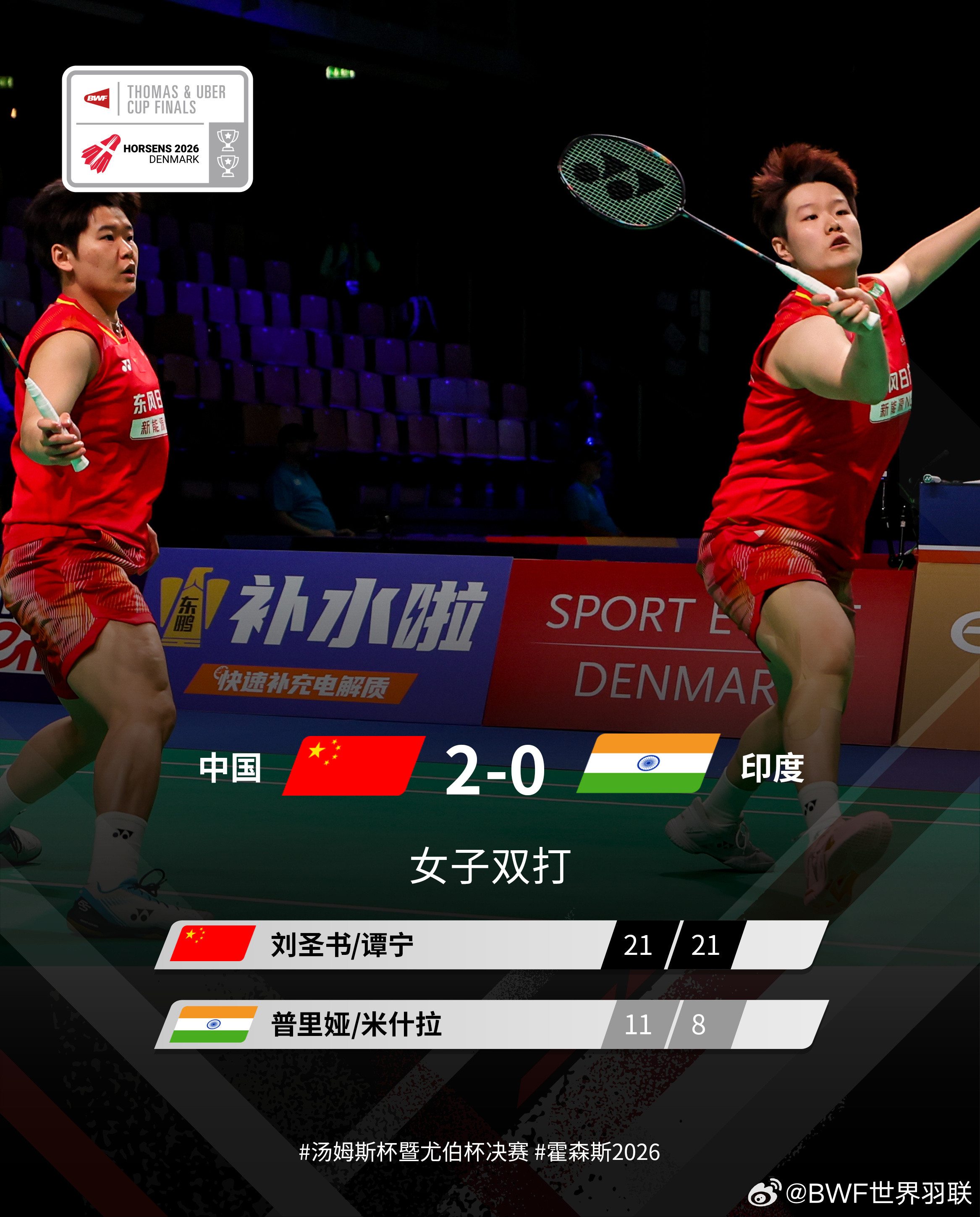 #王祉怡2比1辛杜#2026尤伯杯小组赛，中国队提前锁定胜局王祉怡21-16、