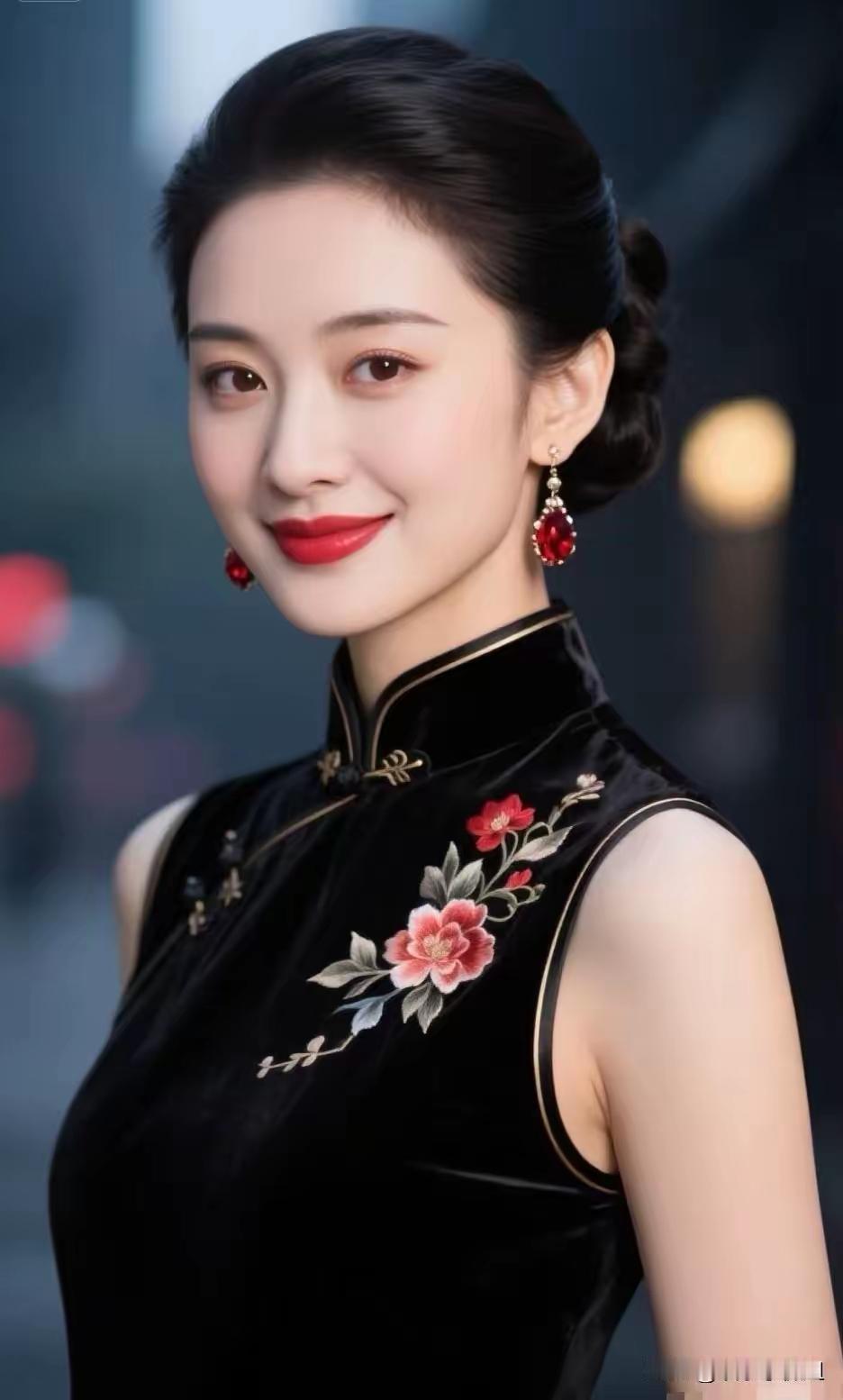 黑色绣花旗袍温婉