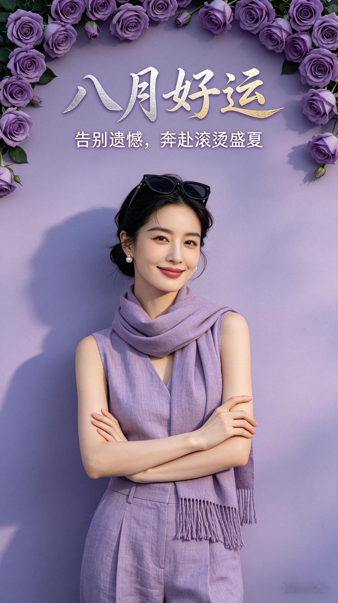 紫纯色墙面前，盘发女子穿淡紫亚麻套装，墨镜置于头顶，从容浅笑。画面点缀紫玫瑰花环