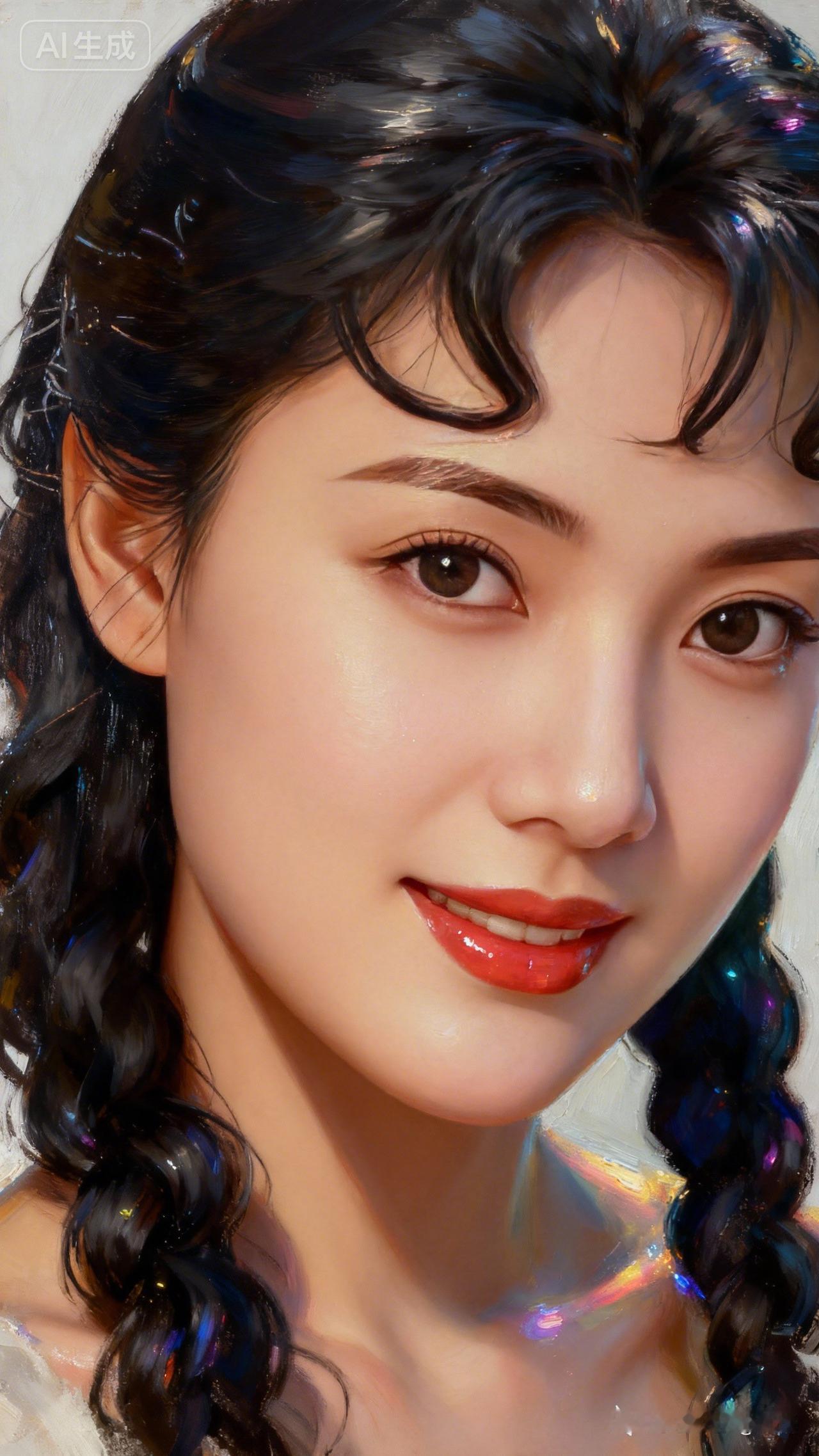 甜美可爱的少女，黑发编辫，红唇微笑，清新动人。