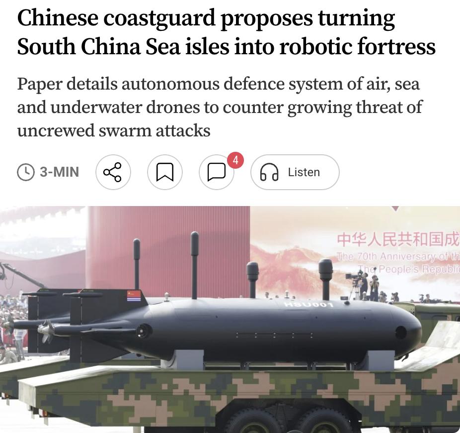 外媒：中国海警提议将南海争议岛屿改造为"机器人堡垒"，以应对低成本无人机蜂群带来