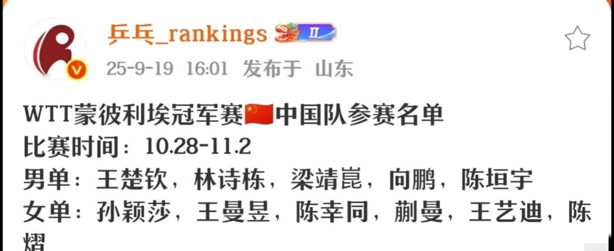 孙颖莎真是铁人！WTT北京大满贯还没有打，法国的蒙彼利埃冠军赛的名单就已经出了！