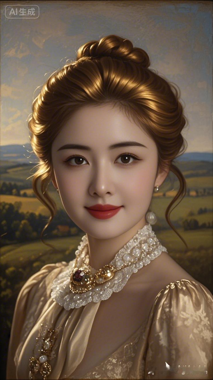 优雅古典的东方美人，金发盘发，珍珠项链，复古油画风。