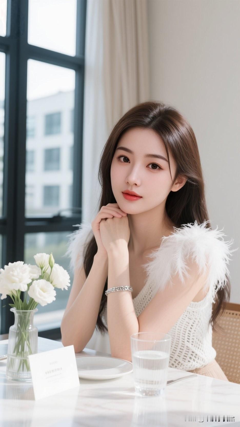 一袭白衣在身，长发飘飘的清纯甜美写真，在窗明几净的背景下，美少女的纯真模样让人眼