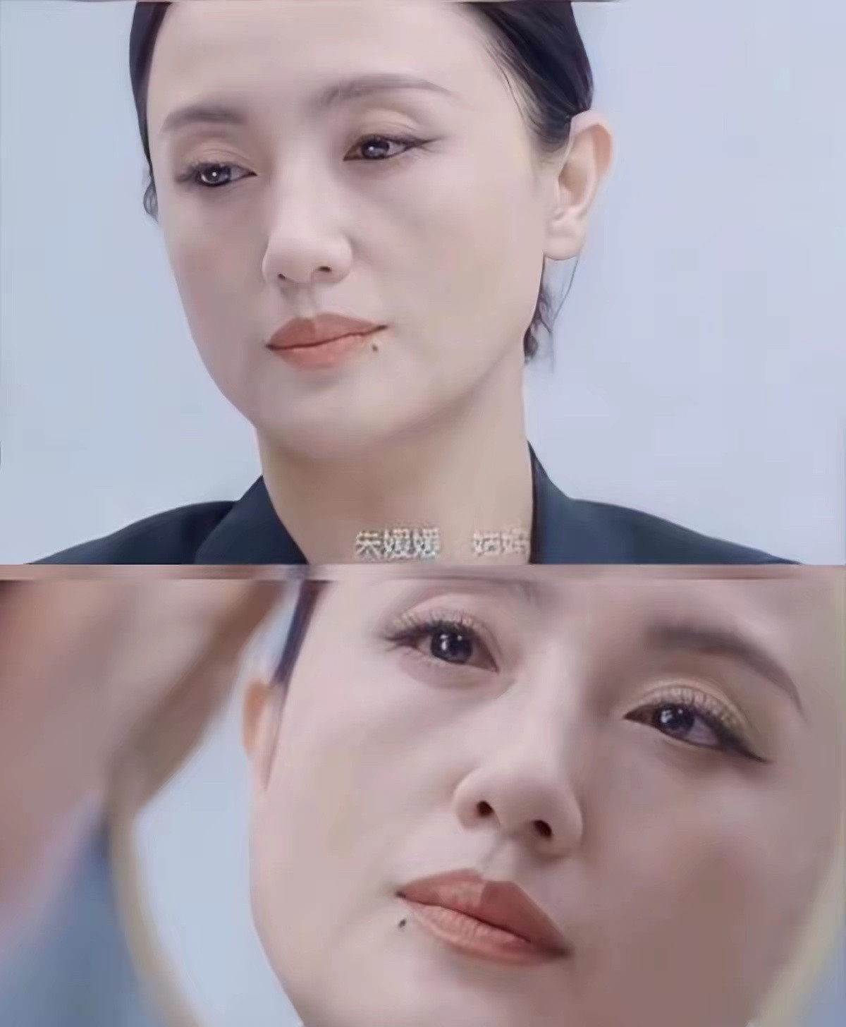 她最后一次看镜头，是在看自己。一个月前那段采访，主持人递过镜子。她没有表演，没有