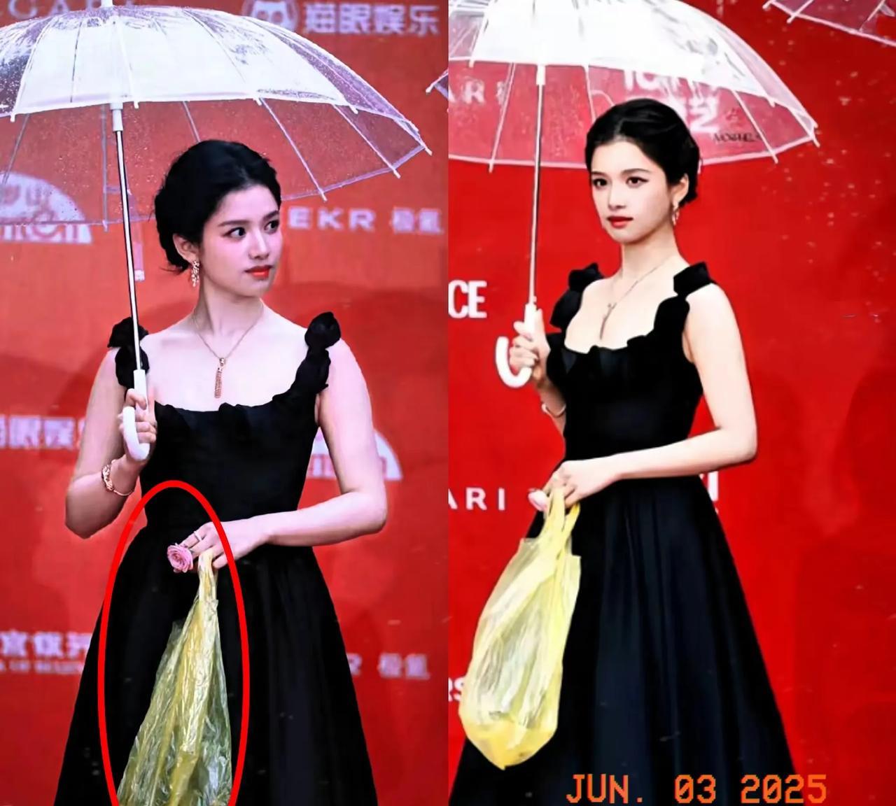 这个袋子，她在出场前，无论是递给助理也好，先放一边也好，都比拿着走红毯到处拍照好