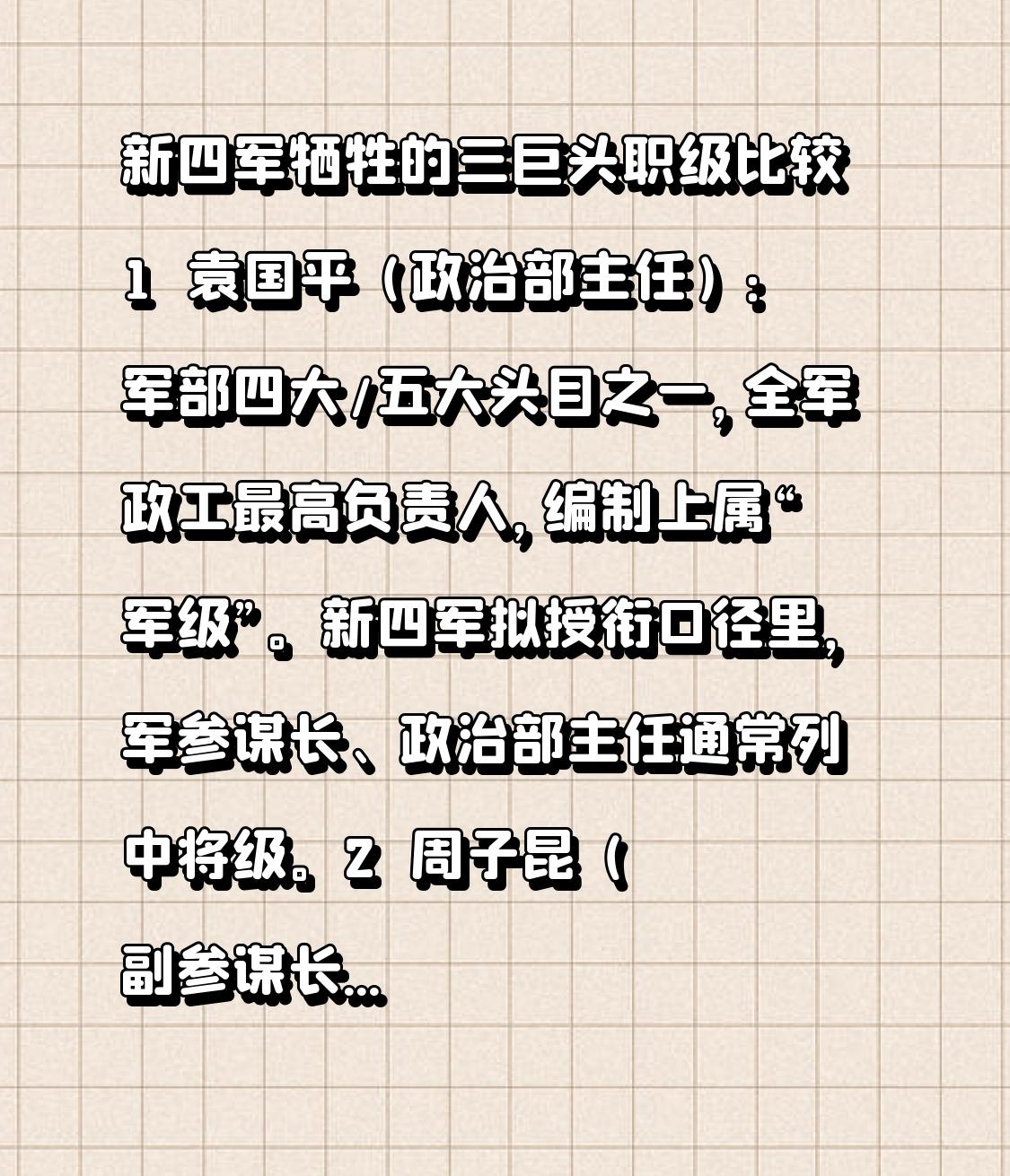 新四军牺牲的三巨头职级比较👀1️⃣袁国平（政治部主任）：军部四大/五大头目之