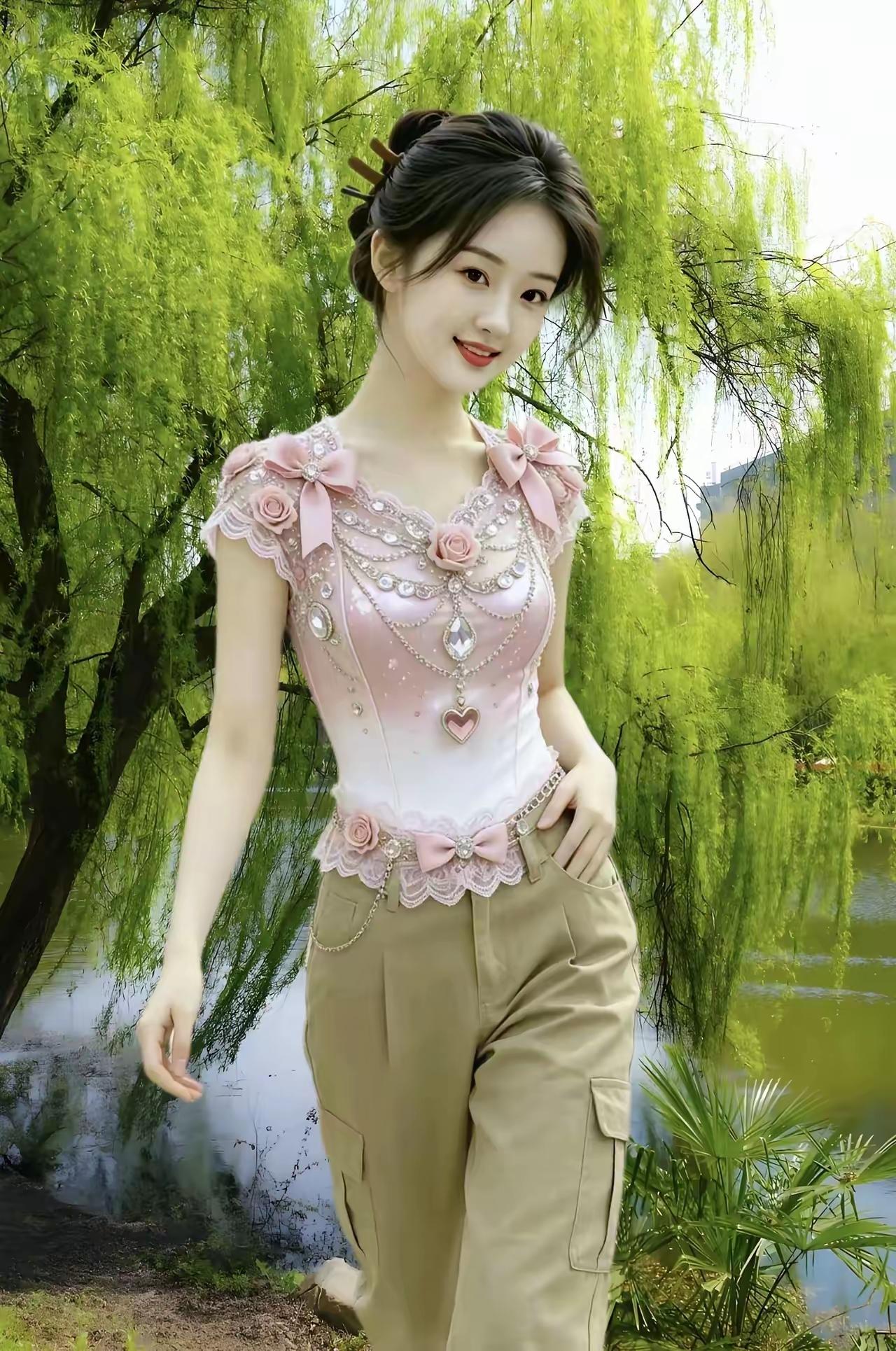一首写景写人的小诗缓缓铺展开画面，湖水悠悠，杨柳依依，少女独自在岸边缓步流连，眼