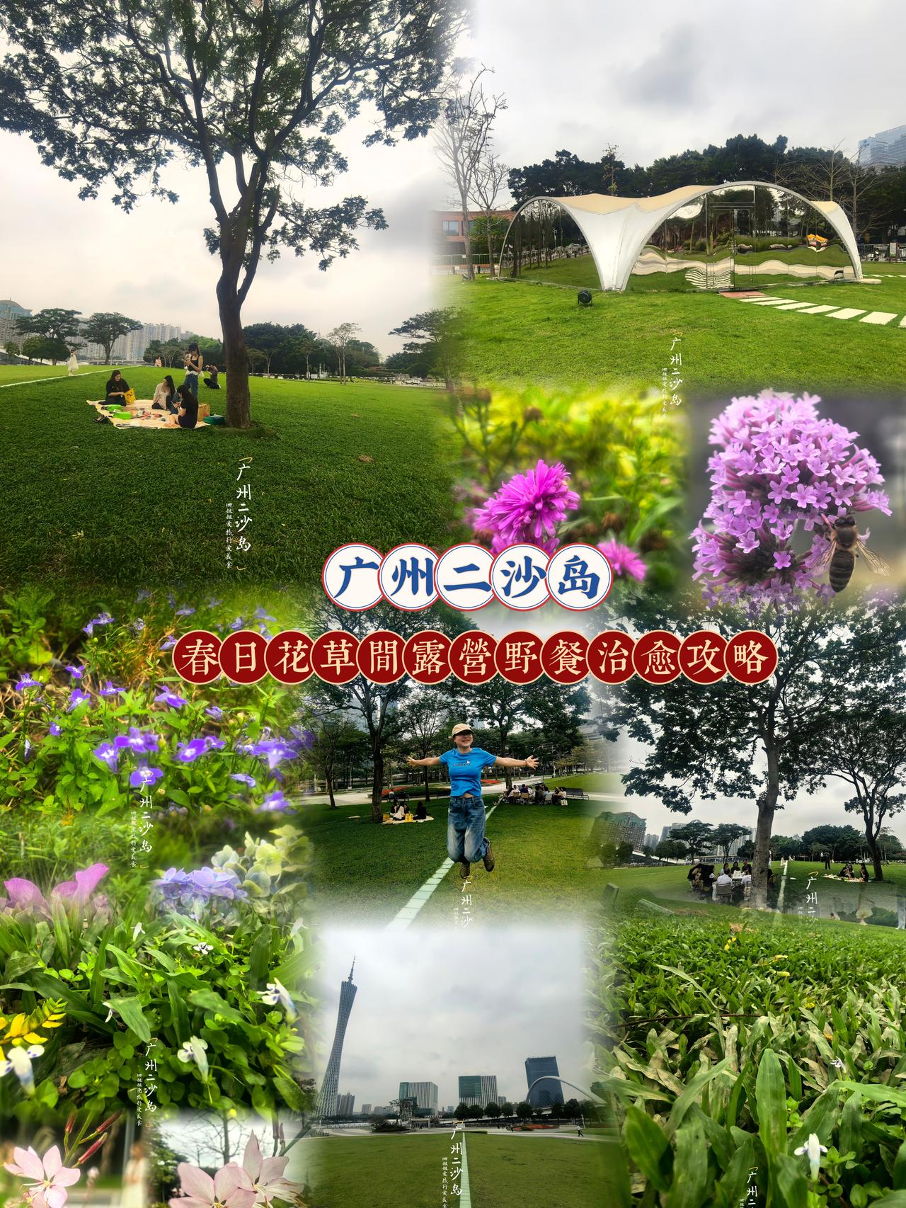 广州二沙岛春日露营野餐，春天最舒服广州露营地｜市中心江边大草坪+盛开鲜花+广州