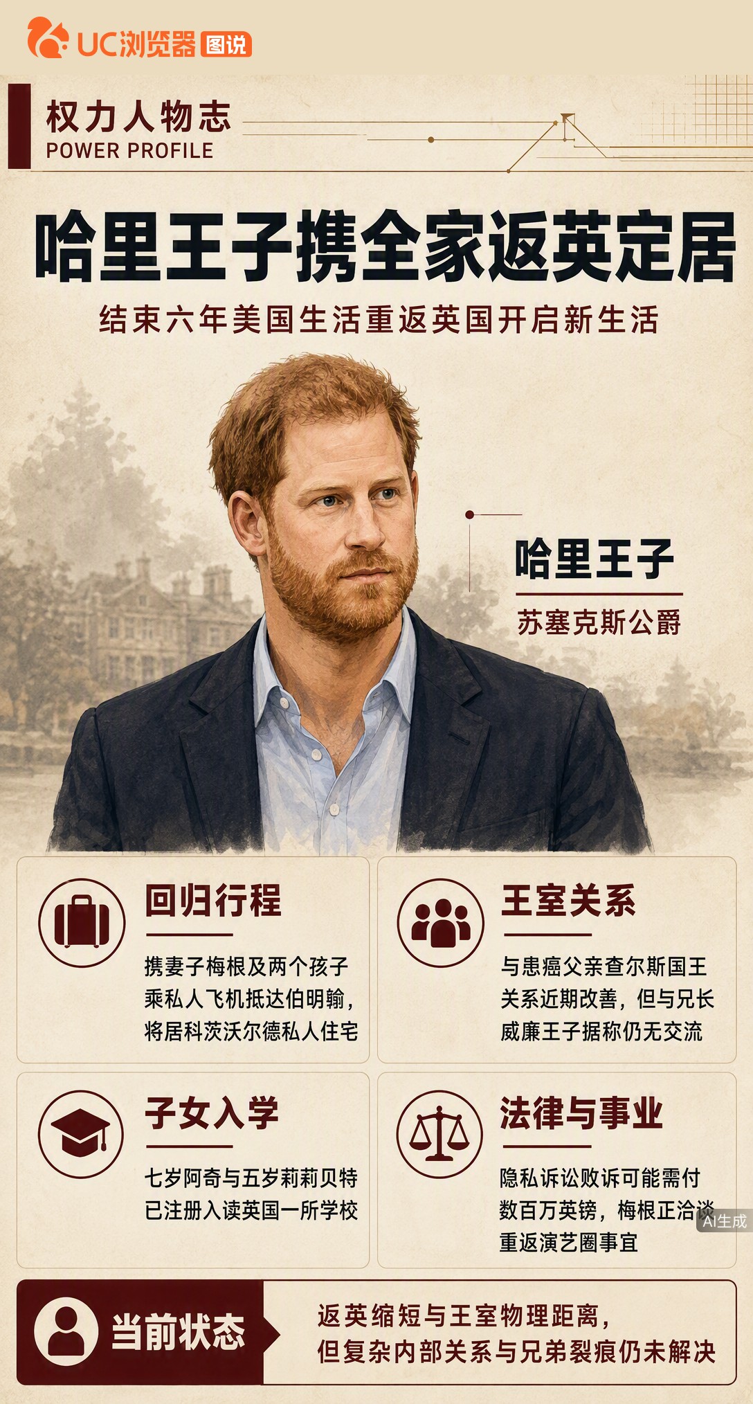 离开六年后，哈里梅根带俩娃乘私人飞机返英定居。虽与查尔斯关系回暖，但与威廉仍无交流，加上刚输隐私官司
