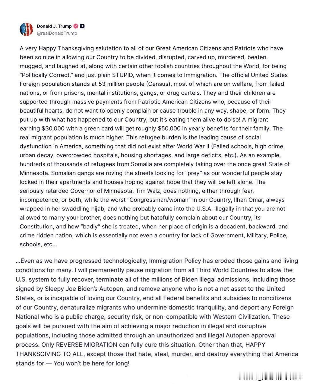 川普宣布将永久禁止第三世界国家的移民。“我将永久暂停来自所有第三世界国家的移民