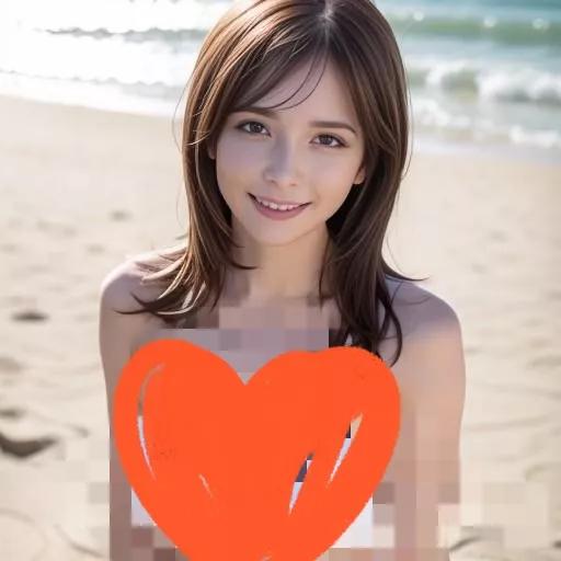 沙滩上的甜美少女，笑容灿烂，阳光正好！海边活力少女海边度假少女海边白衣少女