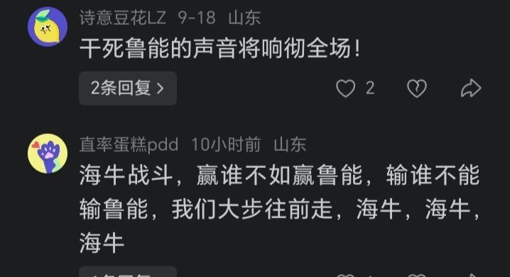 海牛球迷：G死鲁能将响彻全场。泰山球迷：希望这是最后一场和海牛的比赛。齐鲁德